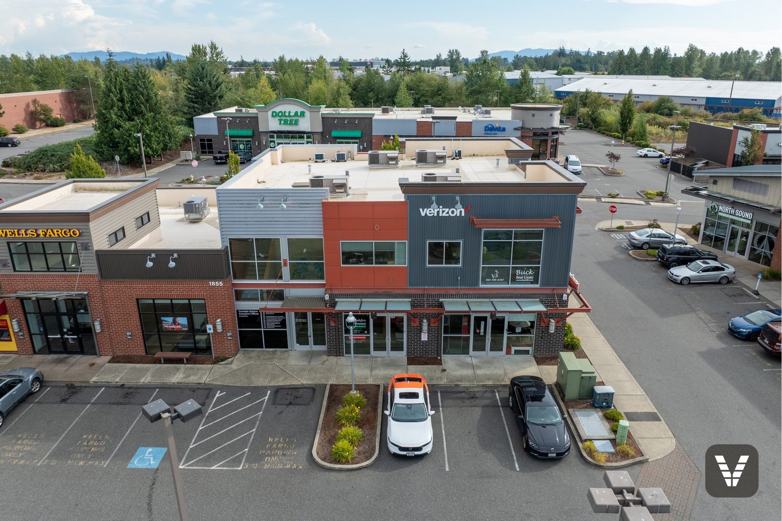 Aerial view of the Ferndale retail plaza that is home to Siding & Window Vault's office