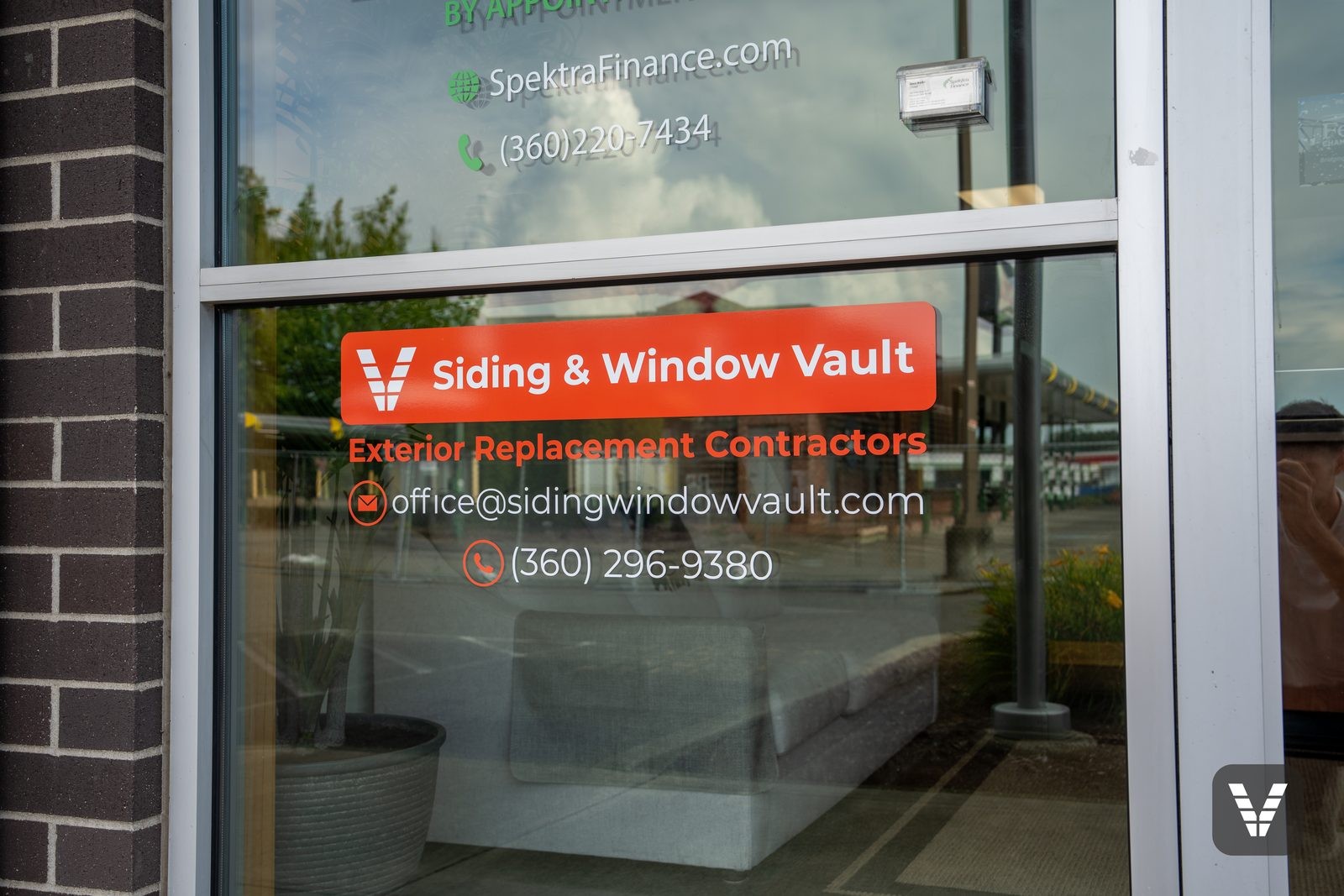 Siding & Window Vault office signage with phone and email, Ferndale, WA