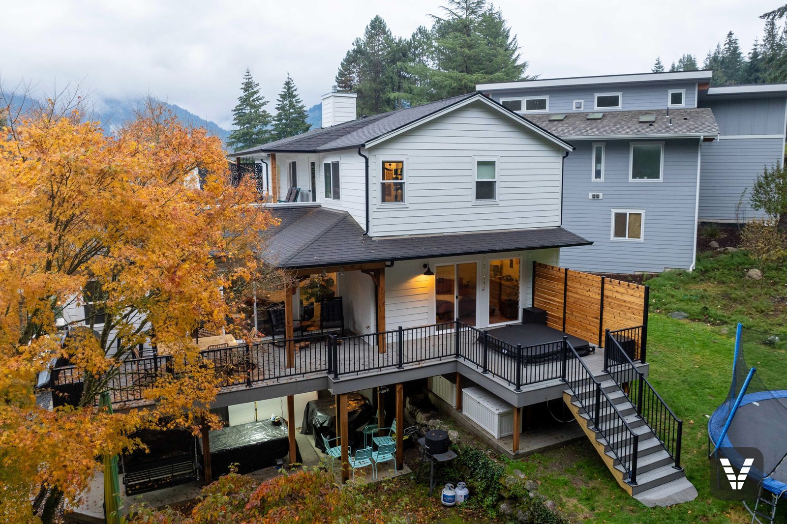 Aerial rear view showing the whole-home re-side — Siding & Window Vault project in Bellingham, WA