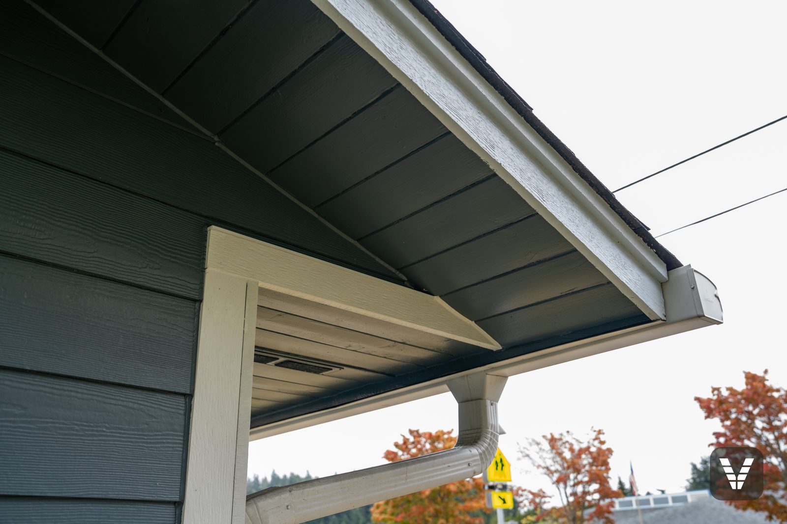 Soffits and eaves painted to match the siding, with the roof fascia and gutter in white