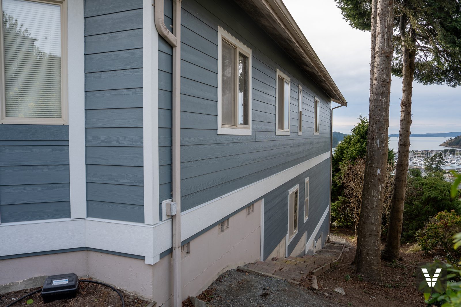 Fiber cement lap under tall evergreens in Anacortes — moss country, where the fall walk-around earns its keep