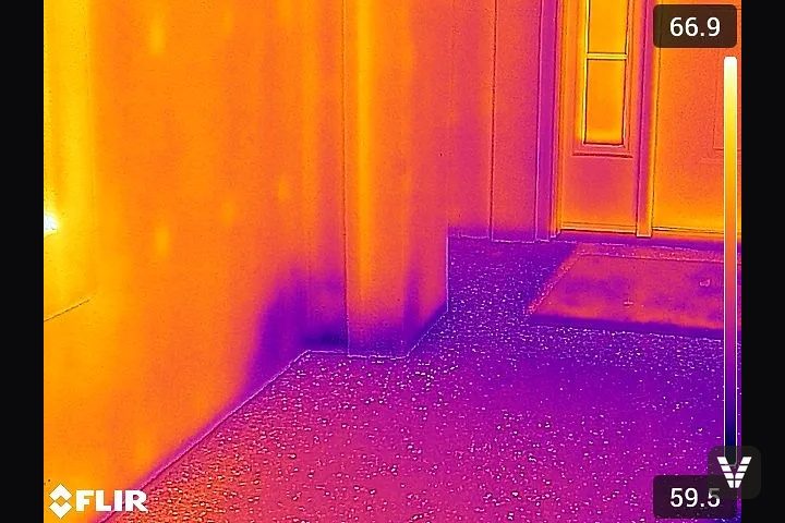 FLIR thermal scan revealing hidden moisture climbing a Bellingham wall — invisible from outside