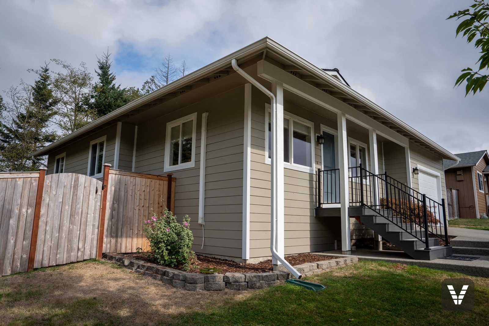 Front-left corner with the porch and new entry rail